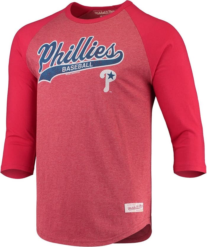 Men's Mitchell & Ness Heathered Red Philadelphia Phillies Sweeper Raglan 3/4 Sleeve T-Shirt Size: Small